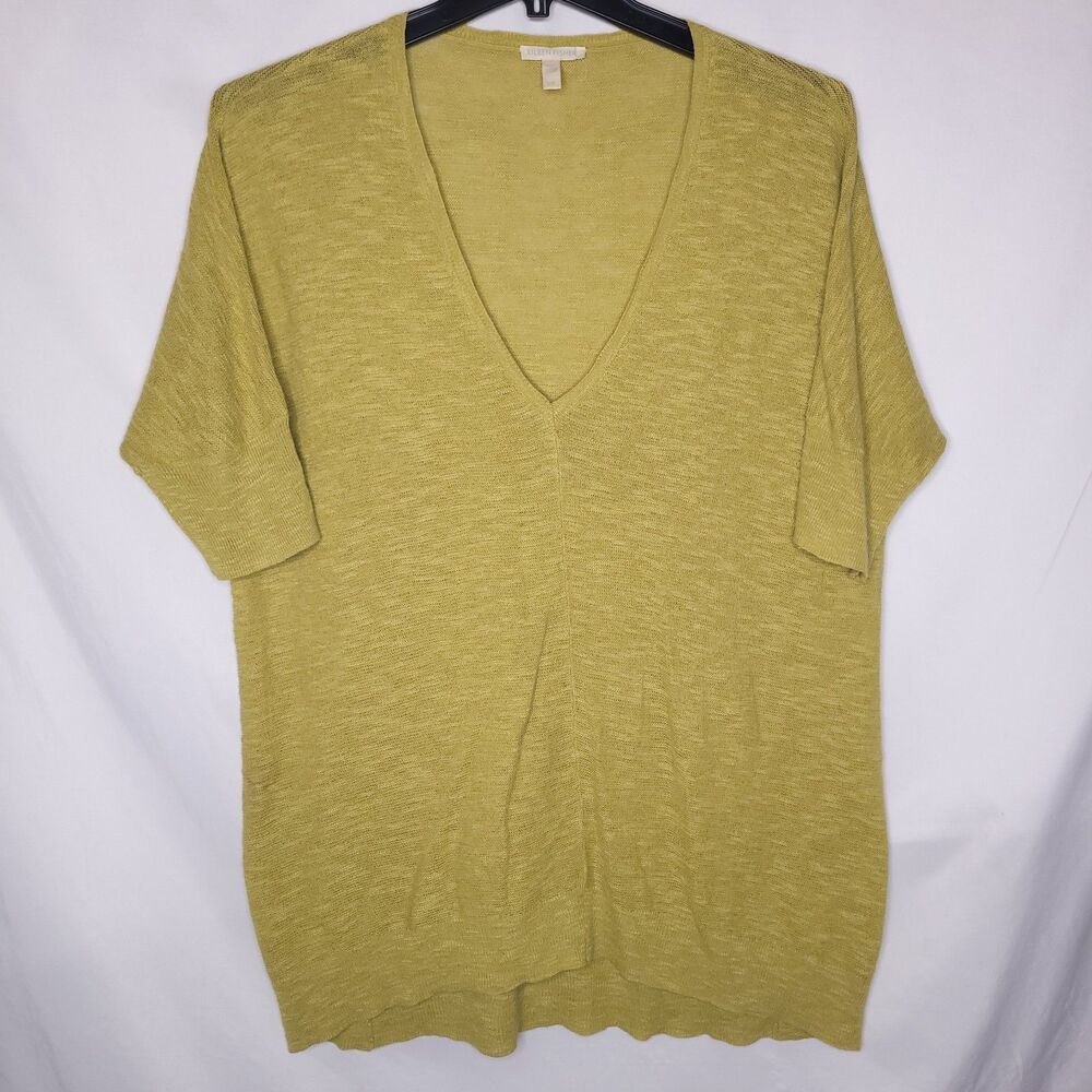 Eileen Fisher Sweater Large Green Organic Linen/Cotton V Neck